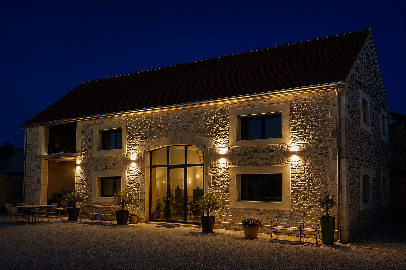 Façade en pierre de la maison de Venoy, réhabilitée par Alpha Architecture, éclairée en soirée