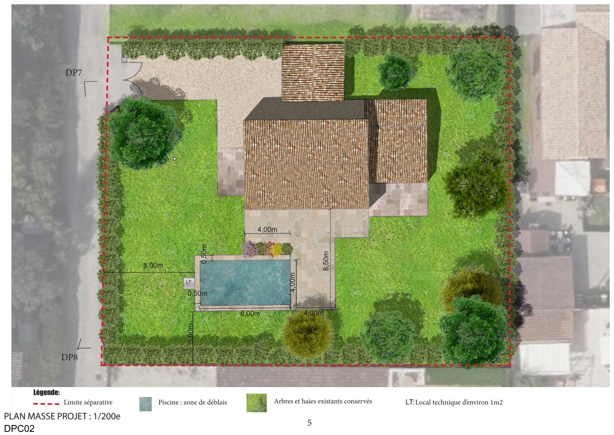 Plan masse du projet de Mandelieu-la-Napoule, échelle 1/200e, avec piscine et aménagement paysager